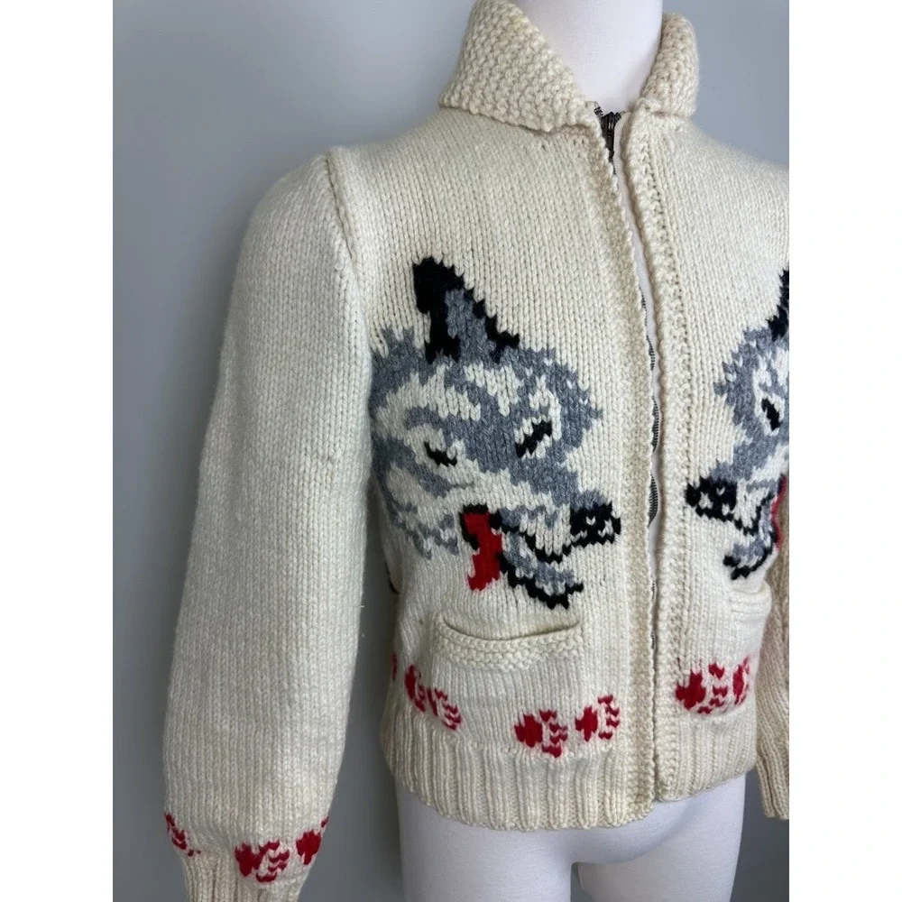 RARE Vintage 1950s Wolf Mary Maxim Cowichan Sweater Wool 100% Large - Picture 4 of 16